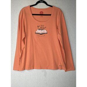 Life Is Good T-Shirt Top SZ Large Orange Religious Open Bible Long Sleeve Holy